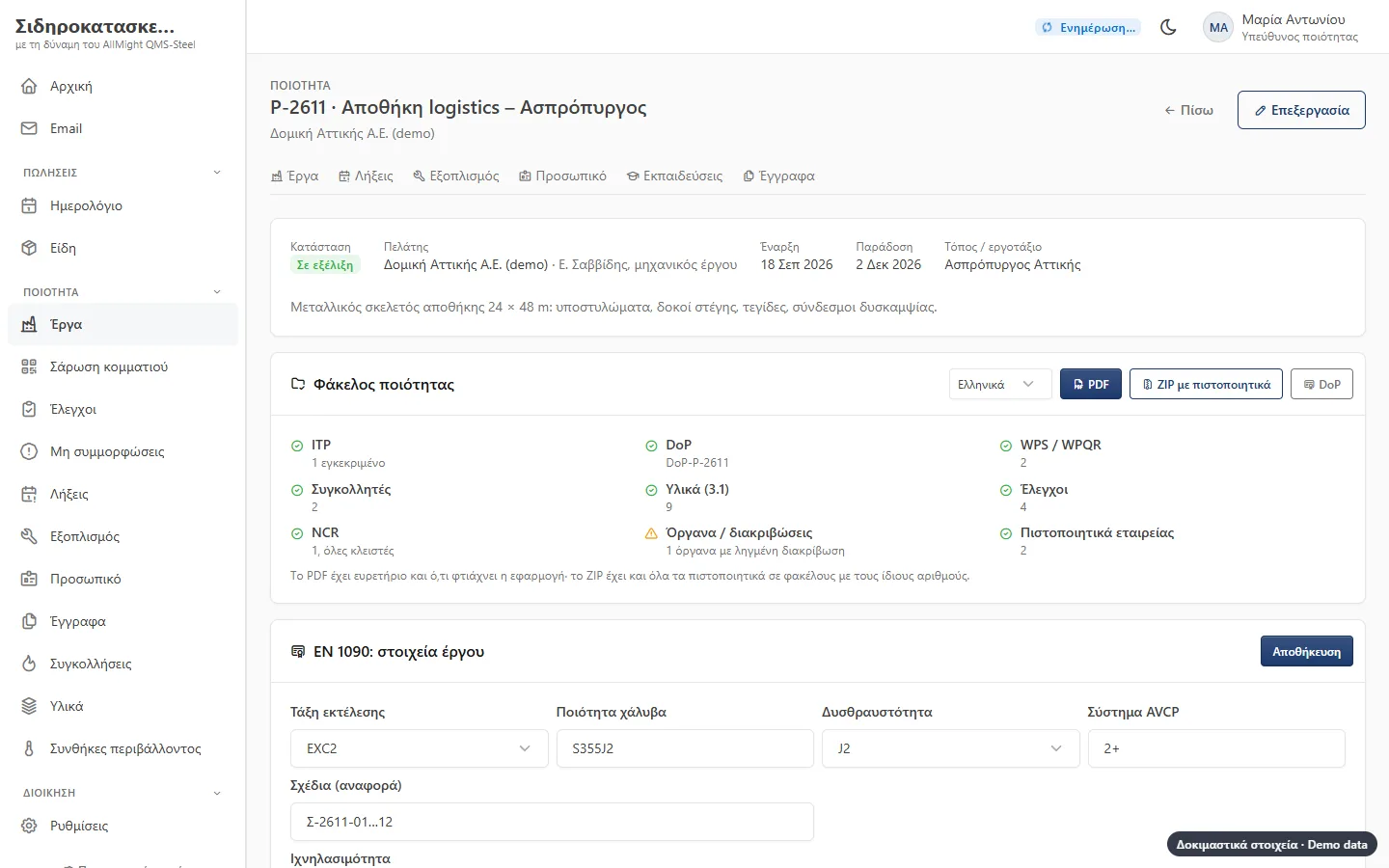 A project page with the dossier readiness list